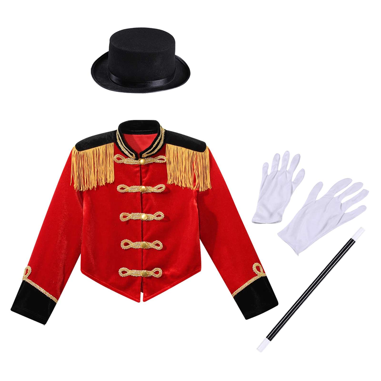 Costume LYus Ringmaster pour enfants, manches longues, col montant, pompon initié, veste boutonnée avec chapeau, baguette magique, gants, filles