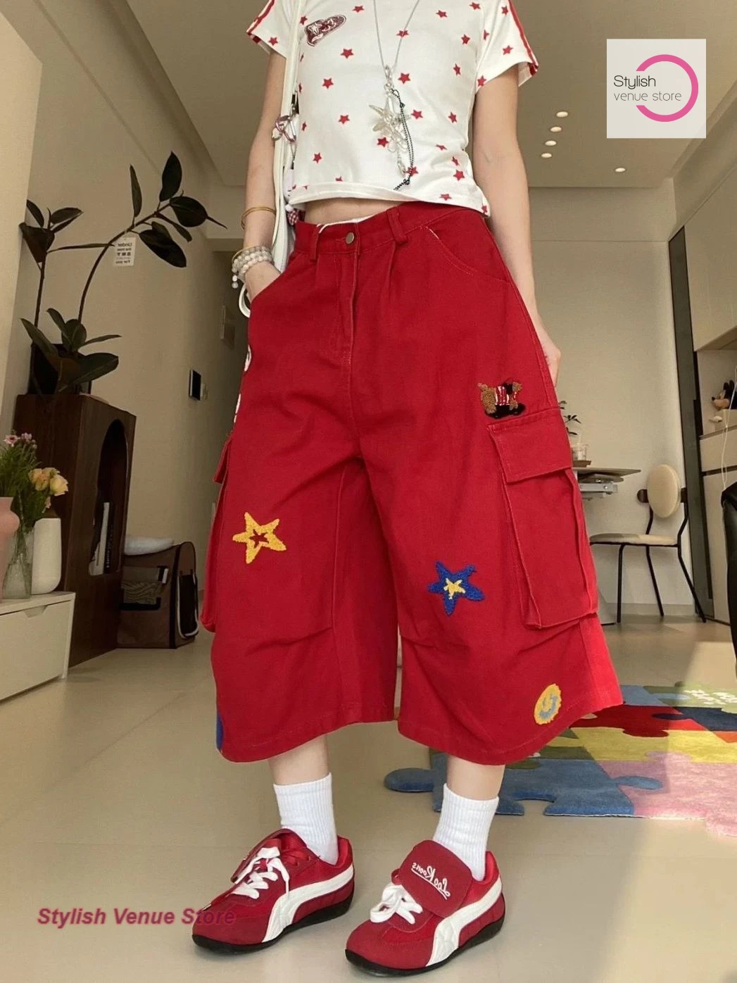 American high street red plus-size star embroidery tooling cropped pants women's summer new fashion design loose wide-leg pants.