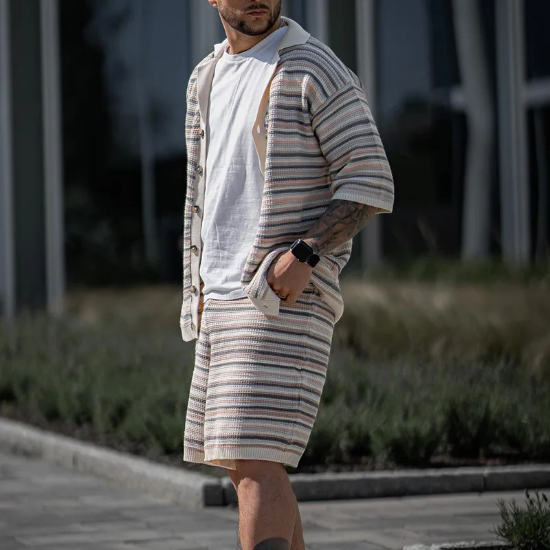 Fashion Mens Outfits Knitted Stripe Crochet Classic Two Piece Set Knit Short Sleeve Lapel Shirt and Shorts Men Suits Streetwear