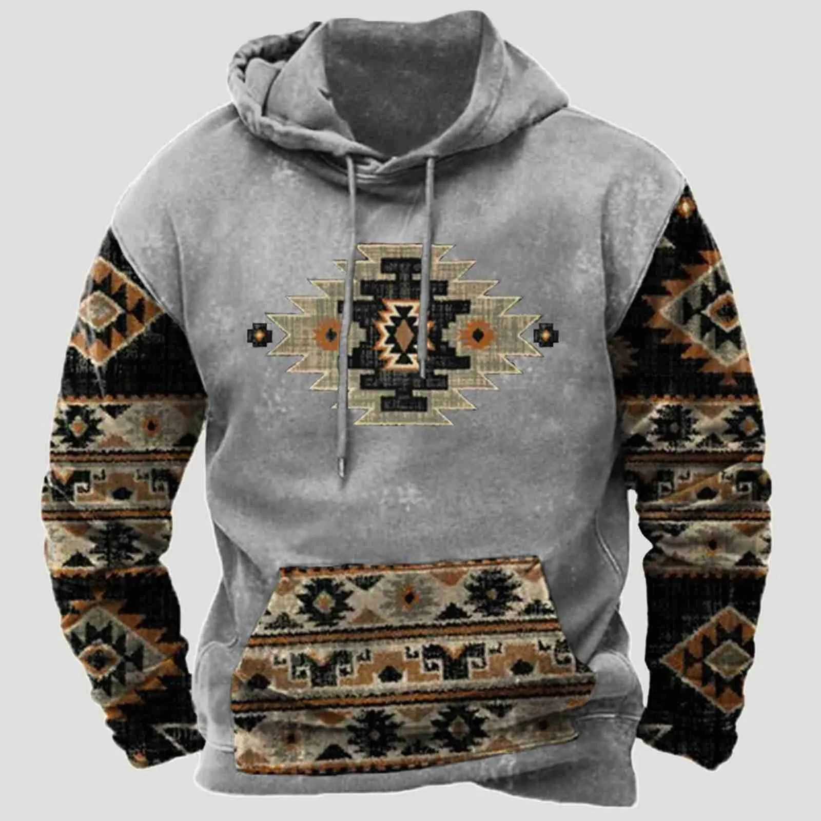 New Sports Casual Loose Novelty Hoodie Pattern All-over Print Ethnic Style Men Fleece Hooded Sweatshirt Streetwear Autumn Winter