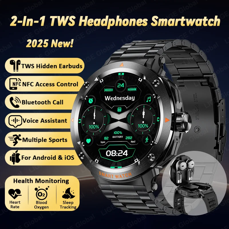 

LIGE TWS 2-в-1 Смарт-часы с наушниками Спортивная Bluetooth-гарнитура Часы для звонков Мужчины Монитор здоровья NFC Женские умные часы Наушники