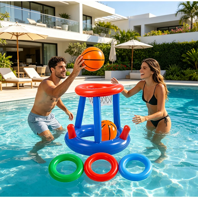 Water Basketball Hoop Thicken PVC Inflatable Basketball Stand Water Hoop Toy Outdoor Water Toy With 1 Ball And 3 Hoops Included