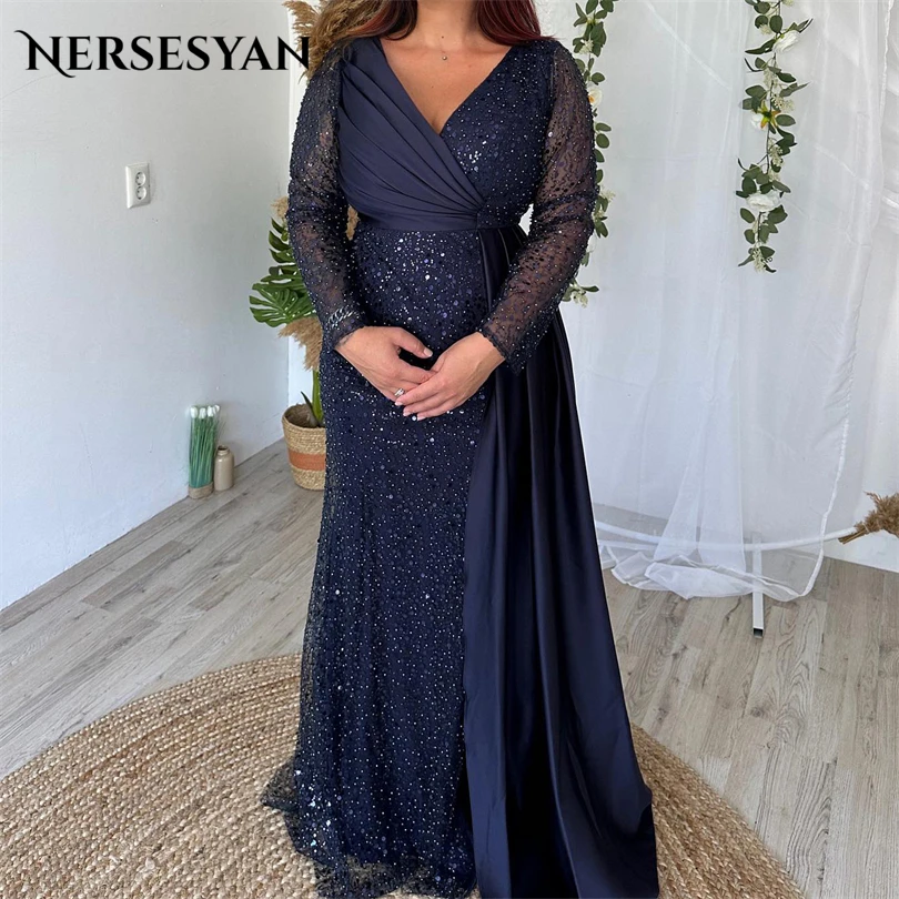 Nersesyan Fashion Navy Blue Satin Formal Evening Gowns Shiny Sequins Long Sleeves V-Neck Party Dresses A Line 2023 Prom Dress