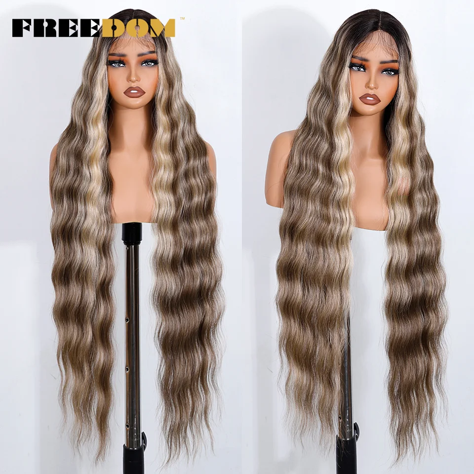 FREEDOM Synthetic Lace Front Wigs For Black Women 36 Inch Long Deep Body Wavy Lace Wig Ombre Brown Blonde White Cosplay Wig - Image 3