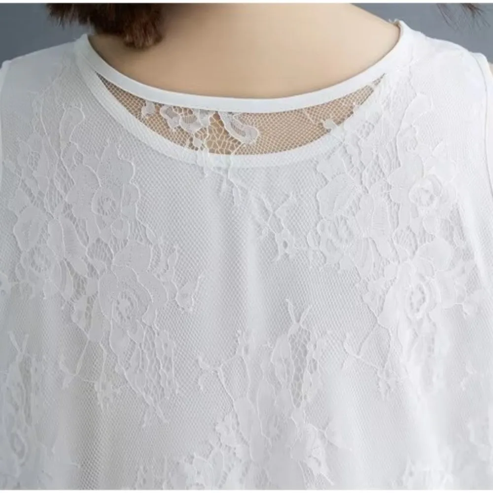 Fashion Lace Trim Vest Mid Length Solid Tone Solid Color Garment Slimming Effect Wide Size Mid Length Top Cafe Meet Gather