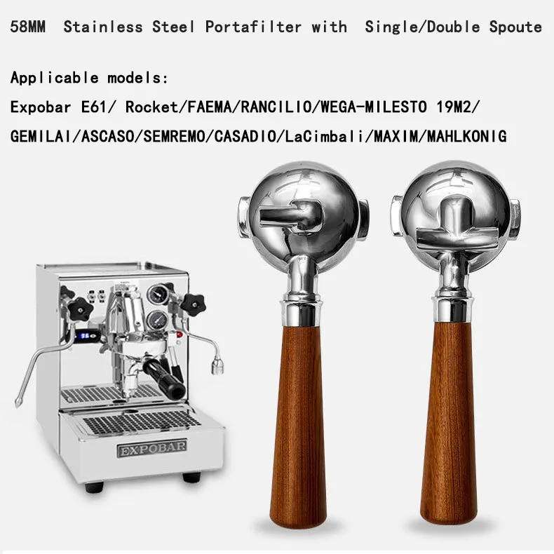 Coffee Portafilter Holder 58MM with Single/Double Spoute Solid Wood Handle for EXPOBAR E61  Rocket Coffee Maker Barista Tools