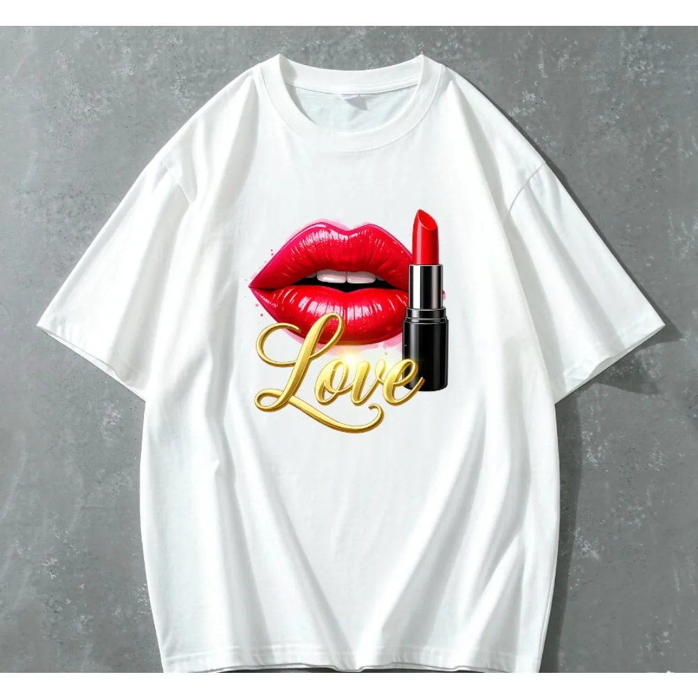 Lipstick T Shirt Women Red Lips Makeup Print T Shirts Female Beauty Lover Gift Casual Short Sleeve Tops Graphic Tees Summer