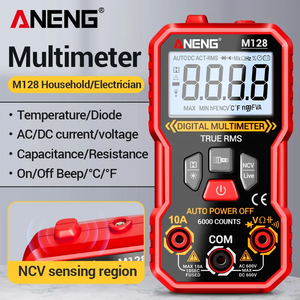 ANENG M128 Mini Multimeter Non-contact NCV 6000 Count AC/DC Voltage Current Resistance Capacitor Induction Portable Tester Tools
