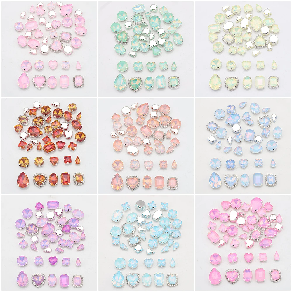 40pcs/bag Mix Shapes Silver Claw Flatback Four Hole Light Color Glass Crystal Sew on Rhinestone Wedding Dress Shoes Bag DIY Trim