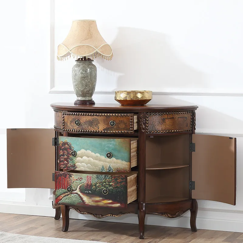 Rural semicircular entrance cabinet Entry foyer decorative cabinet Mediterranean retro painted storage storage side cabinet