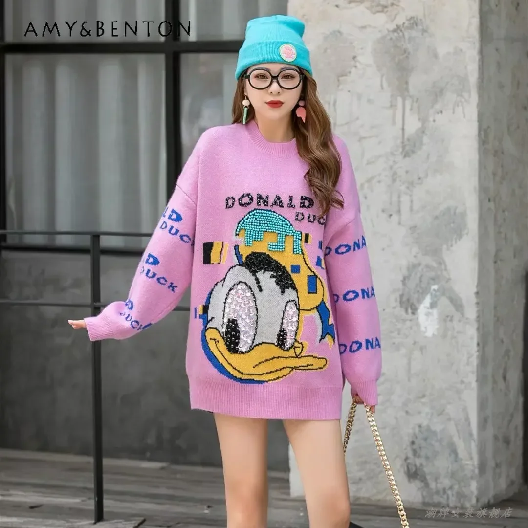 Fashion New High Brand Heavy Industry Cartoon Sequins Beaded Sweater Women\'s Loose Outer Wear Pink Sweaters Pullovers Top Ladies