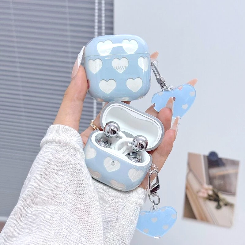 

Ins Blue Hollow Heart Case for Huawei FreeClip 2 FreeBuds SE2 SE3 7i 5i 6i Pro 3/4 Headphone Protective Anti-drop Pendant Cover