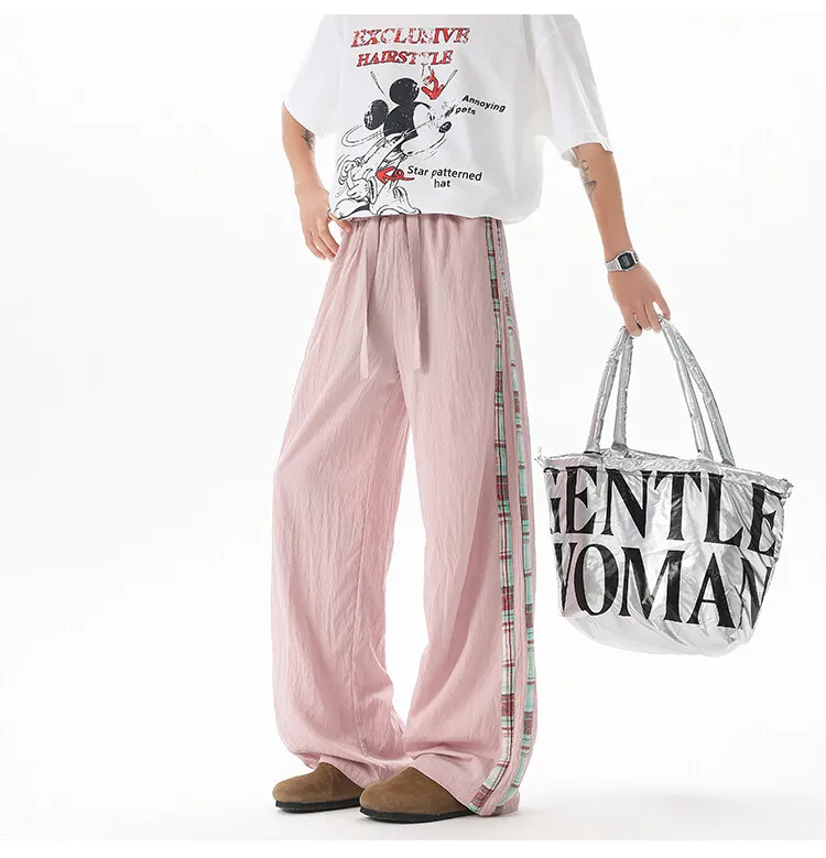 แฟชั่นเย็บกางเกงผู้ชายสบายและ Cool กางเกงผ้าไหมน้ําแข็งบางหลวม Drawstring ตรงกางเกงฤดูร้อนผู้หญิง