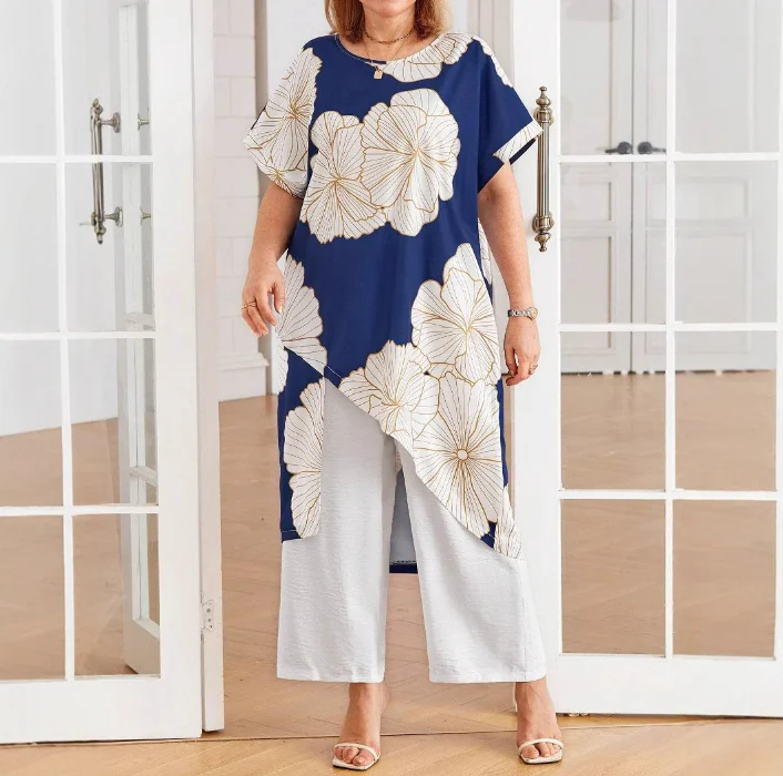 

Two Piece Set Women Outfit 2025 Summer Fashion Print Round Neck Short Sleeved Long Top & Casual Loose Straight Leg Pants Set
