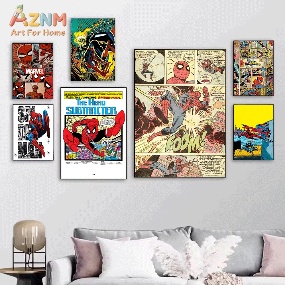 AZNM Spiderman Multi‑Pose Web Cracked Panel Canvas Wall Print, Superhero Multiple Dynamic Poses Comic Collage Graphic Art Post