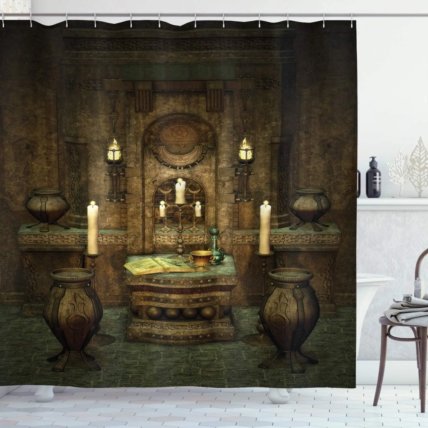 Mystical Alchemy Room Shower Curtain Featuring Candles Books And Potions Medieval Fantasy Art Style Unique Bath Decor Item