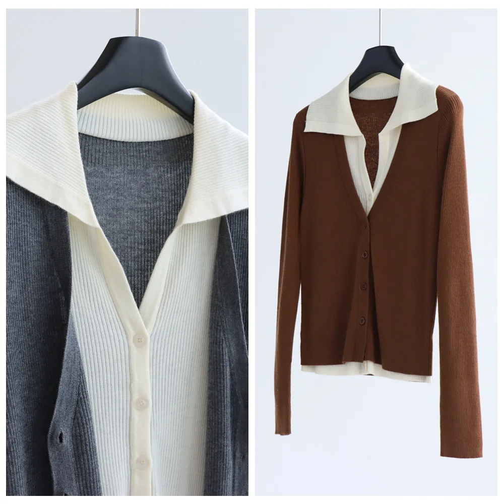 Cárdigan de punto de lana mixta, ropa interior con cuello, capa Base, Otoño Invierno, viaje, corte Regular, largo, Sve, Color puro