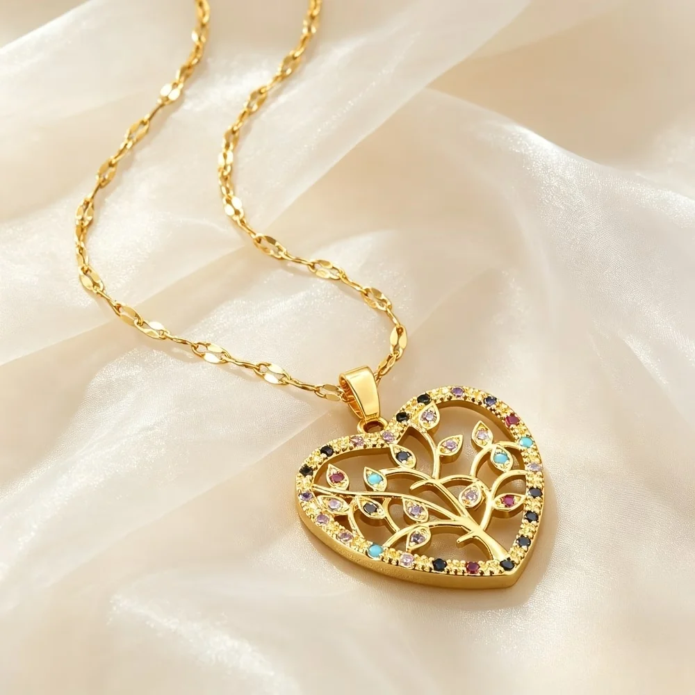 316LStainless Steel Heart Life Tree Necklace with Hollow Colorful Cubic Zirconia Pendant Delicate Light Luxury Jewelry for Women
