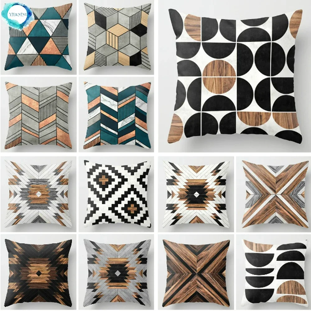 Polyester Decorative Pillowcase Wood Background Mable Throw Pillow Case Geometry Ethnic Tribal Print Cushion Cover for Home Sofa