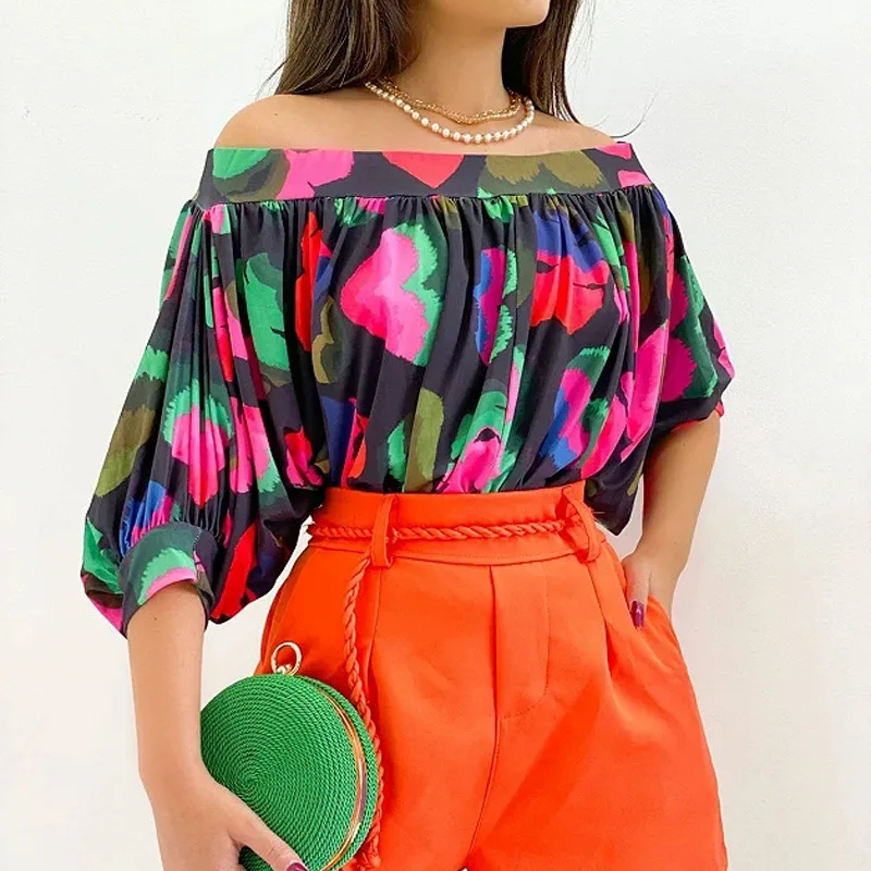 Sexy Off Shoulder Batwing Sleeve Print Shirt Blouse Women Casual Loose Flods Shirts For Women 2023 Office Elegant Top