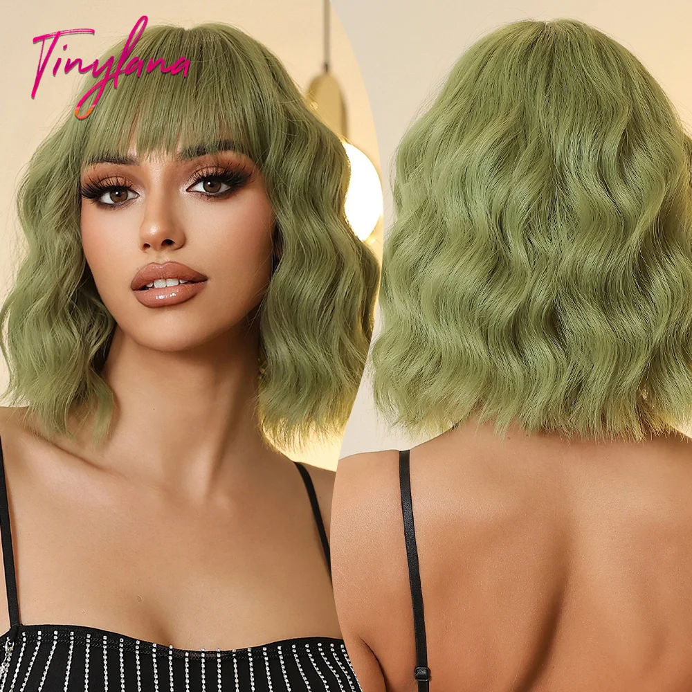 Curly Light Green Bob Wavy Synthetic Wigs with Bangs Short Green Wave Wigs for Women Cosplay Party Natural Hair Heat Resistant