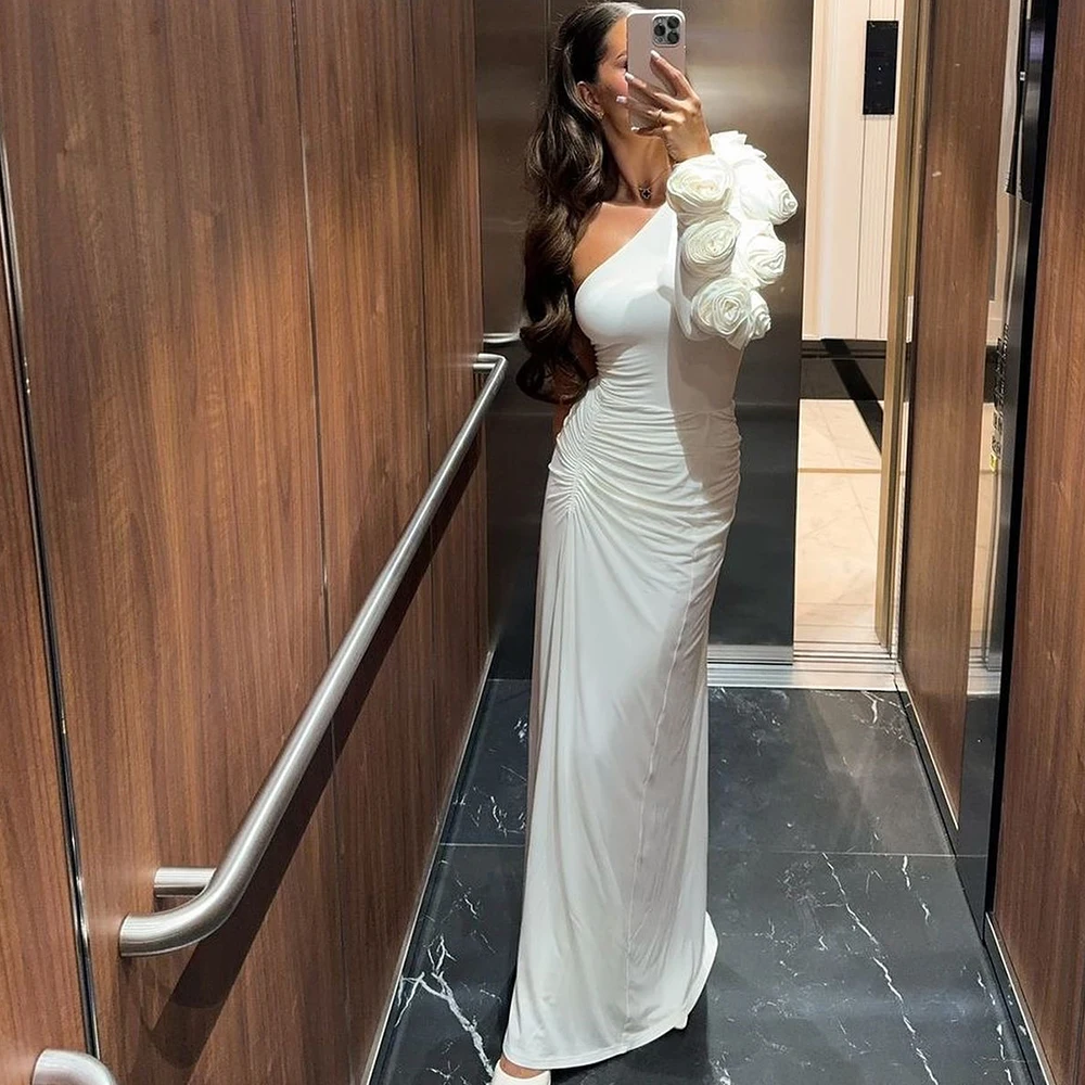 

Dubai Evening Caftan Dress White Ankle Length Long Sleeves Jersey Straight One Shoulder 3D Flowers Pleats Bespoke Occasion Gowns