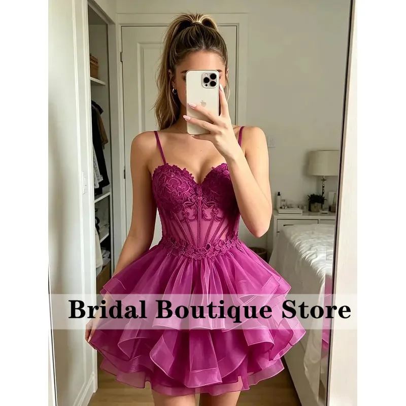 Customized Tiered Tulle Homecoming Dresses Lace Applique Short DAMA Dress | Spaghetti Straps HOCO Dresses for Teens 3