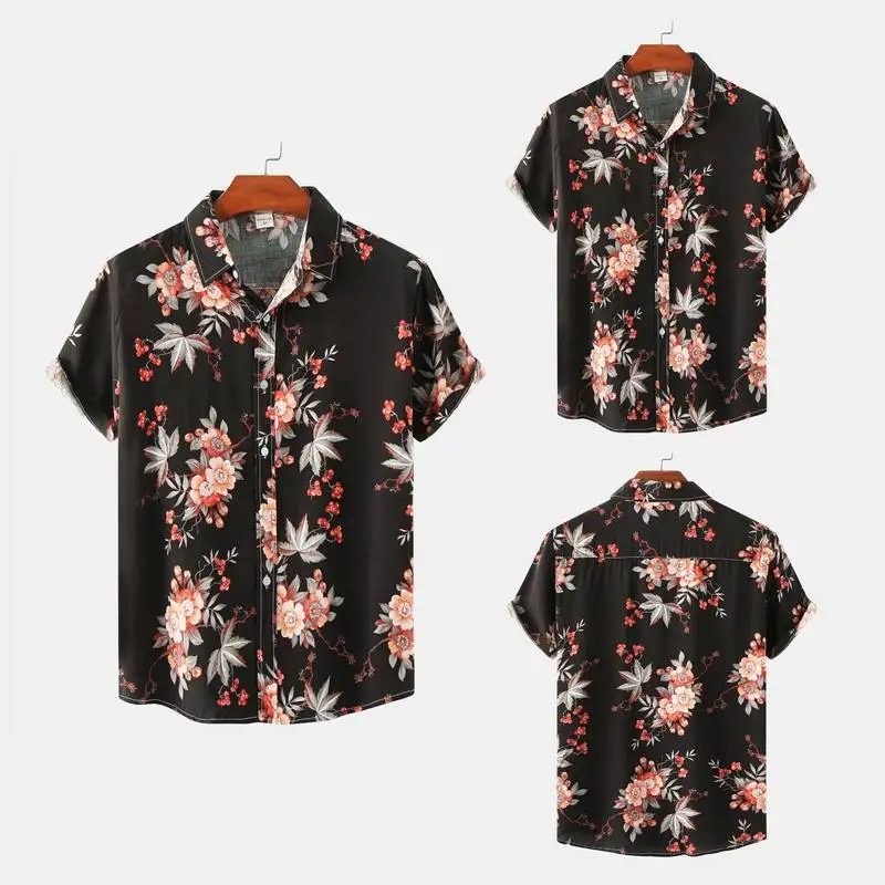 

Floral Print Men's Short Sleeve Shirt Ultra Slim Fit Casual Style Cotton Silk Lapped Collar Open Cardigan for Young Men