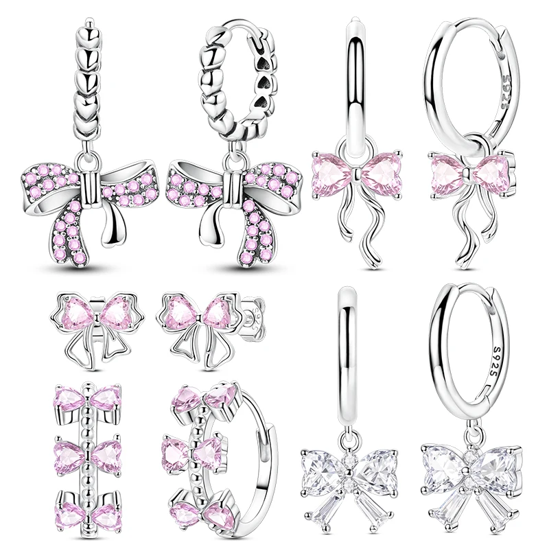 

925 Sterling Silver Bow Earrings for Women's Wedding Fashion High Quality Jewelry Sparkling Ribbon Pink Pearl Bow Hoop Earrings
