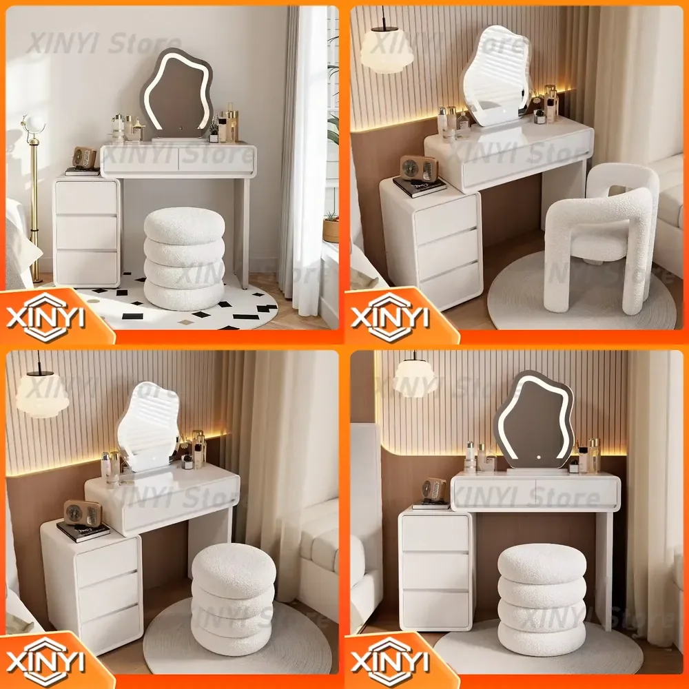 Cream Style Dressing Table for Bedroom Living Room Modern Minimalist Solid Wood Vanity Table with Storage Bucket Cabinet