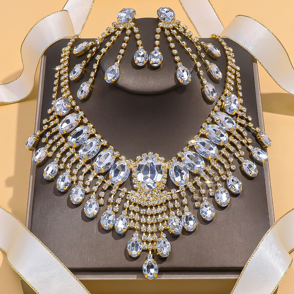 Stonefans Round Crystal Tassel Jewelry Set Women Wedding Accessories Statement Rhinestone Necklace and Earrings Set Bridal Gifts