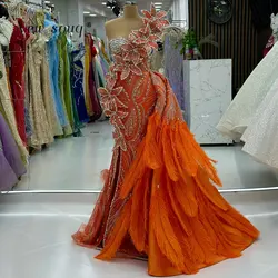 Gorgeous Dubai Orange Crystals Beaded 3D Leaf Design Mermaid Evening Dresses with Feathers Side Train Luxury Events Party Gowns