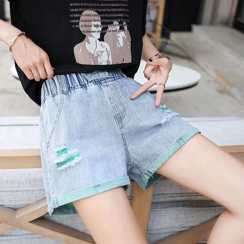 Pantaloncini Donna Vintage American Casual College Denim Vestibilità ampia Vita alta Gamba larga Stile sportivo Streetwear Coulisse Retro Campus