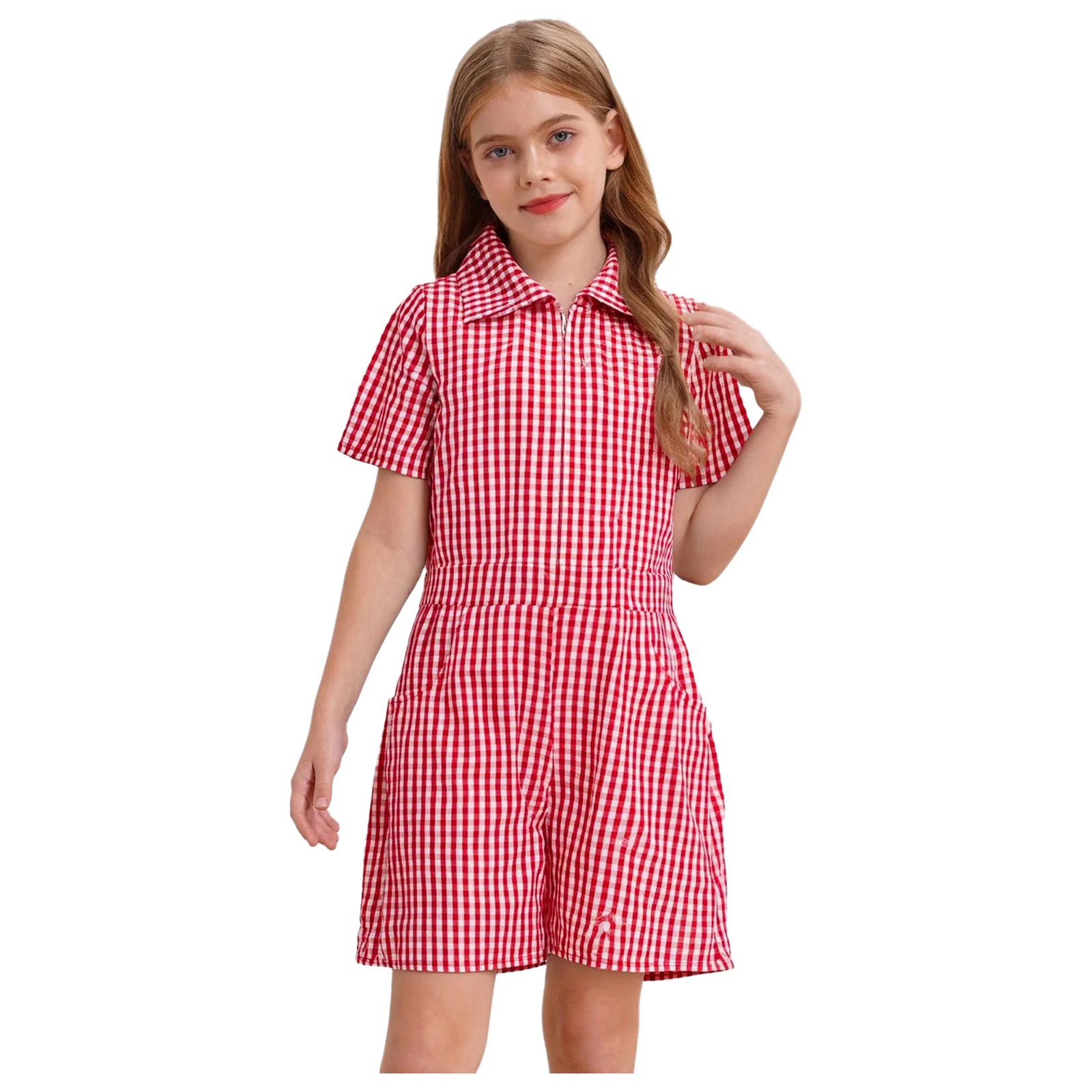 

Stylish New School Uniform Casual Playsuit for Kids Girls Plaid Short Sleeve Jumpsuit with Pockets Vocation Birthday Daily Wear