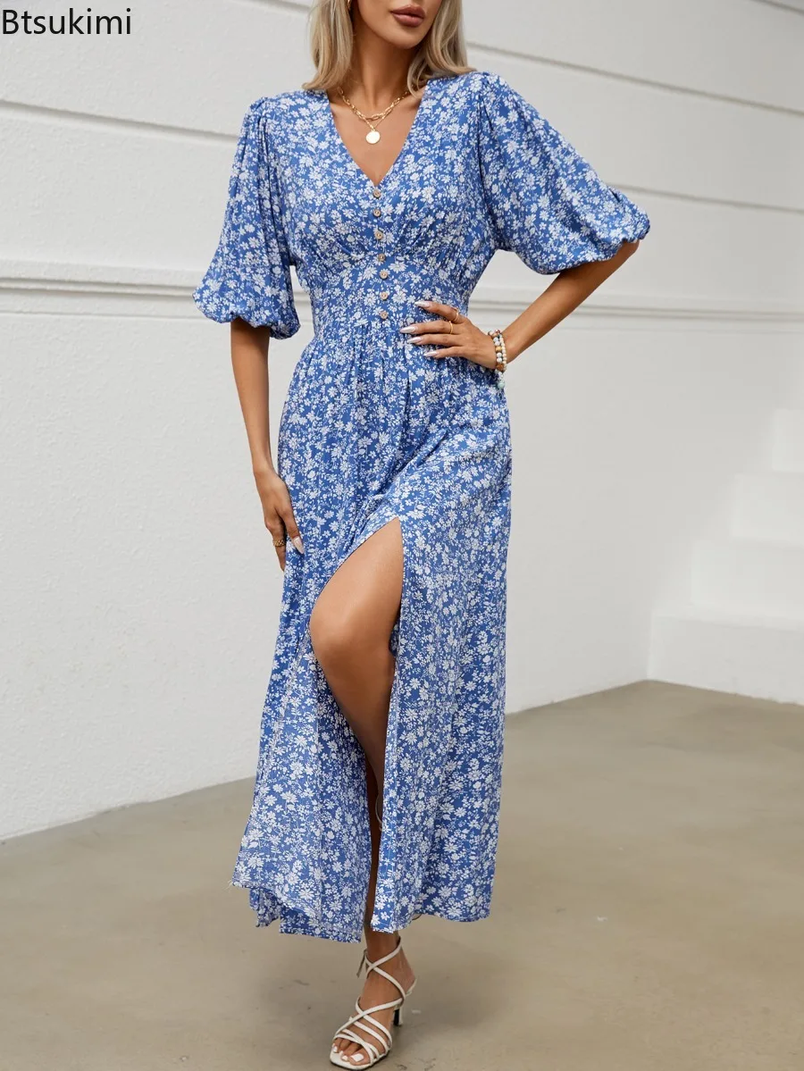 2024 Women's Summer Maxi Dress V Neck Hal Puff Sleeve Front Split Blue Elegant Boho Beach Holiday Party Beach Dresses Vestidos