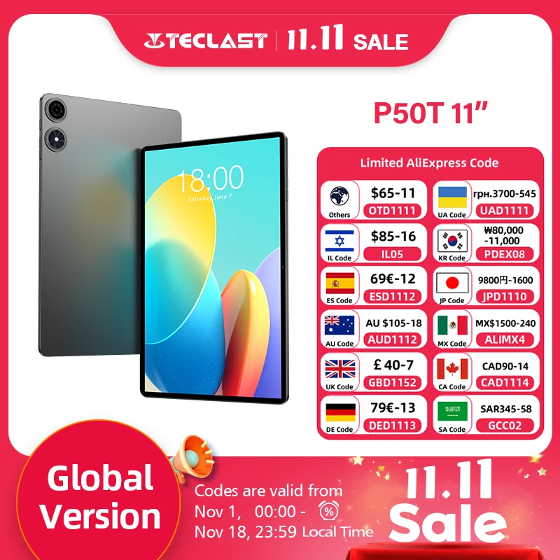 테클라스트 P50T 안드로이드 16 태블릿, 90Hz 주사율, 11인치 인셀 TDDI 디스플레이, T7250 옥타 코어 프로세서, 최대 16GB RAM, 128GB ROM, 8000mAh 배터리, 13MP+5MP 듀얼 카메라, GPS 기능 지원.