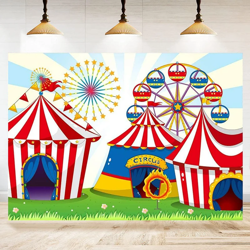 Photography Backdrop Circus Carnival Ferris Wheel Red Tent Cartoon Background Decorations Newborn Birthday Party Shoot Banner