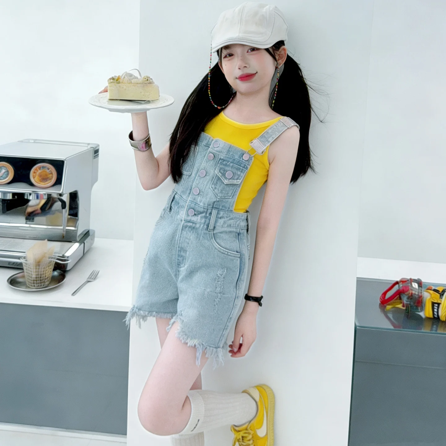 Lively Girls Summer Two Piece Outfits Kids Yellow Tank Top + Distressed Denim Overall Shorts Set Casual Clothes for Kids 5-10Yrs