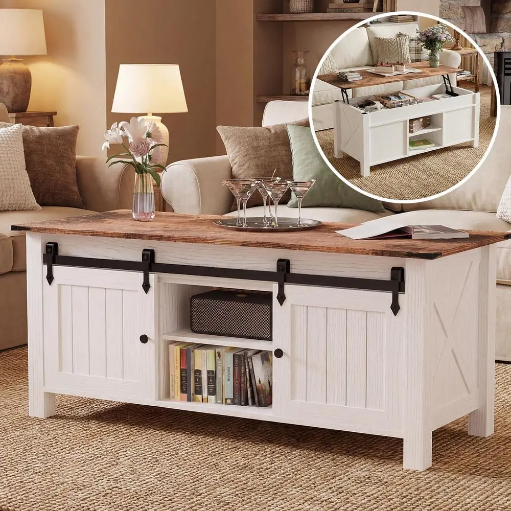 

Журнальный столик в стиле фермерского дома с подъемной столешницей и раздвижной дверцей, прямоугольный стол для хранения, 47 дюймов, белый