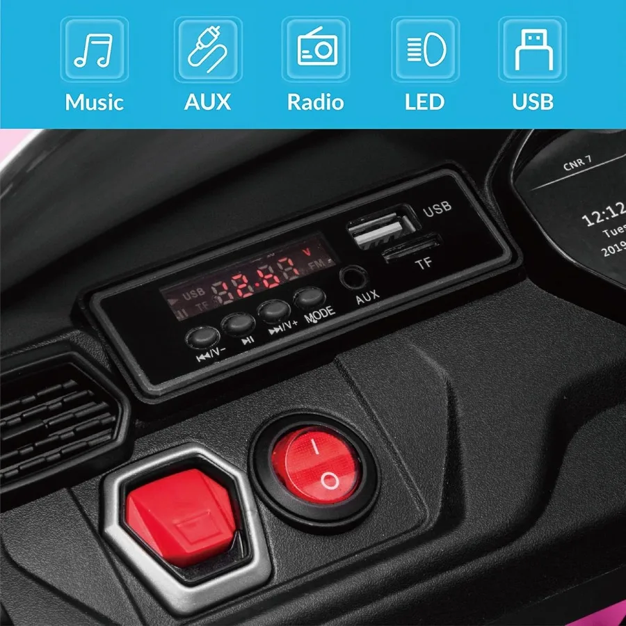 Ride On Car 12V Véhicule électrique pour enfants avec télécommande parent, klaxon, radio, port, AUX, suspension à ressort, porte d'ouverture, LED