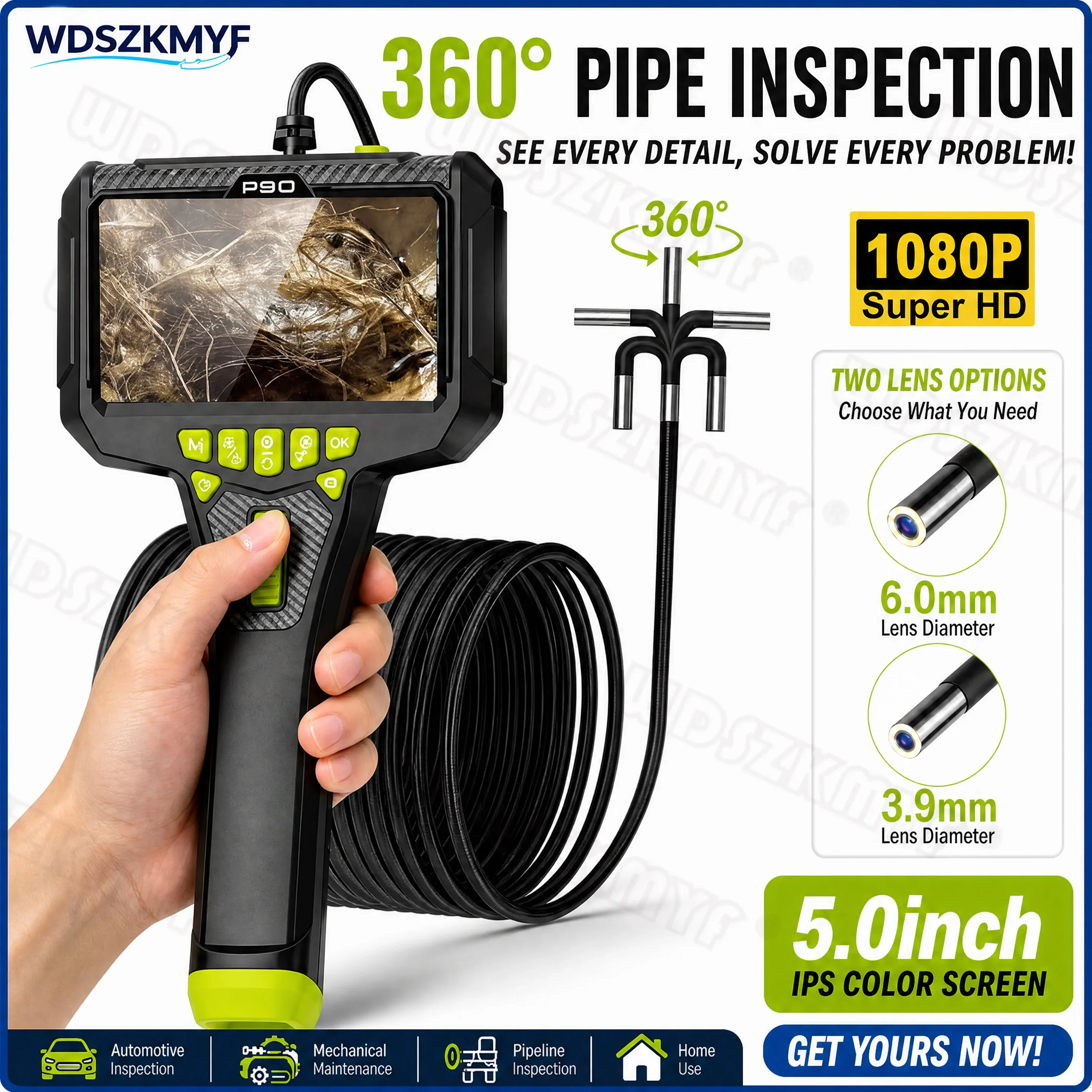 3.9MM/6.0MM Lens Industrial Borescope 360° Left Right Rotation IP67 Waterproof 1080P 5 Inch Screen Sewer Inspection Camera