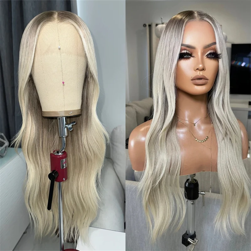 

Ombre Платиновый блондин Синтетический парик фронта шнурка с темными корнями для женщин Профессиональный женский разнообразный стиль для повседневного использования на вечеринке