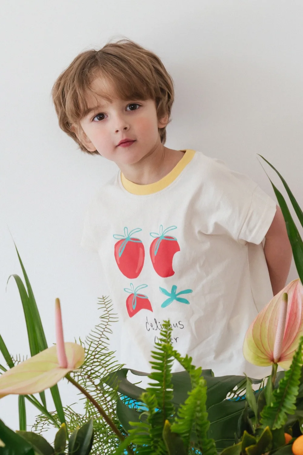 

Jenny&Dave Spot 23 Summer New Children's Casual Top with Cartoon Plant Letter Printing Loose Short Sleeve