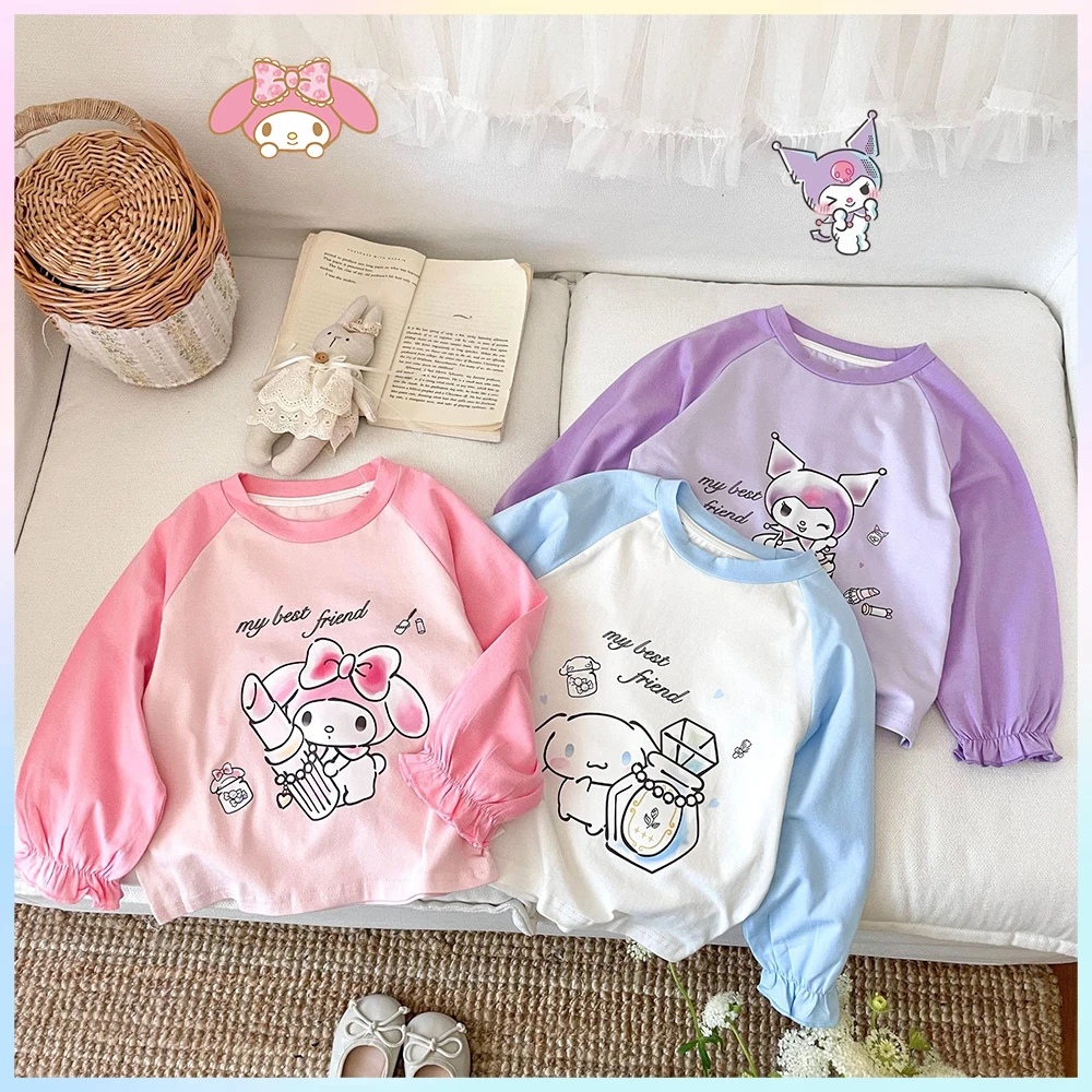 

Новая осенняя милая детская футболка Sanrios Cinnamoroll Kuromi Anime Melody Kawaii, хлопковые топы с длинными рукавами и принтом, японские топы