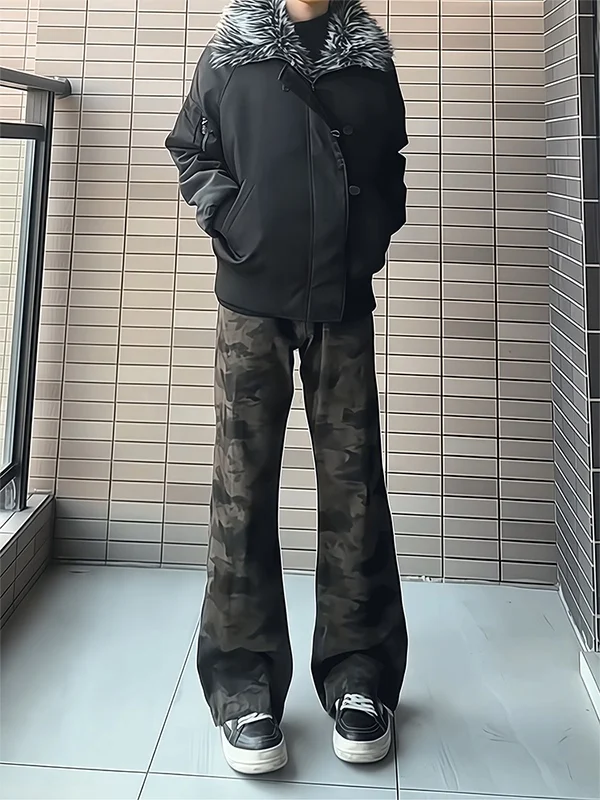 

American Vibe Slim Fit Camouflage Pants Men's Winter Straight Leg Jeans Wear Resistant Casual Daily Wear Vintage Sle