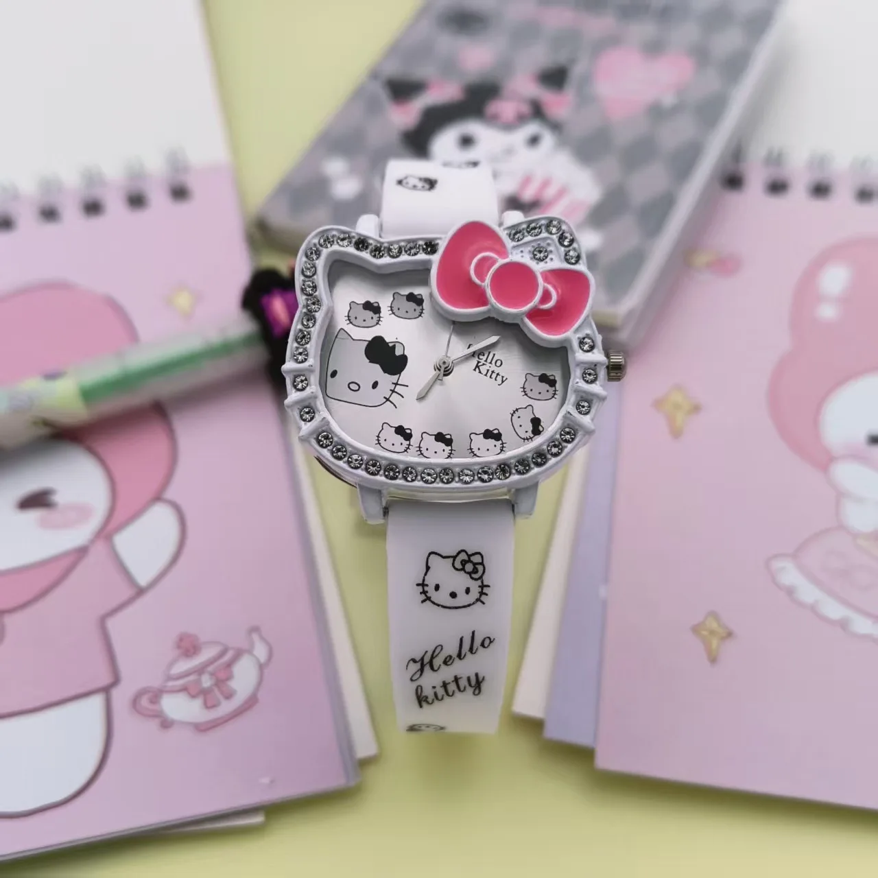 Cartoon Hello Kitty Electronic Watch Children's Cat Head Watch Bow Quartz Student Party Kids Girls Gifts Birthday Present