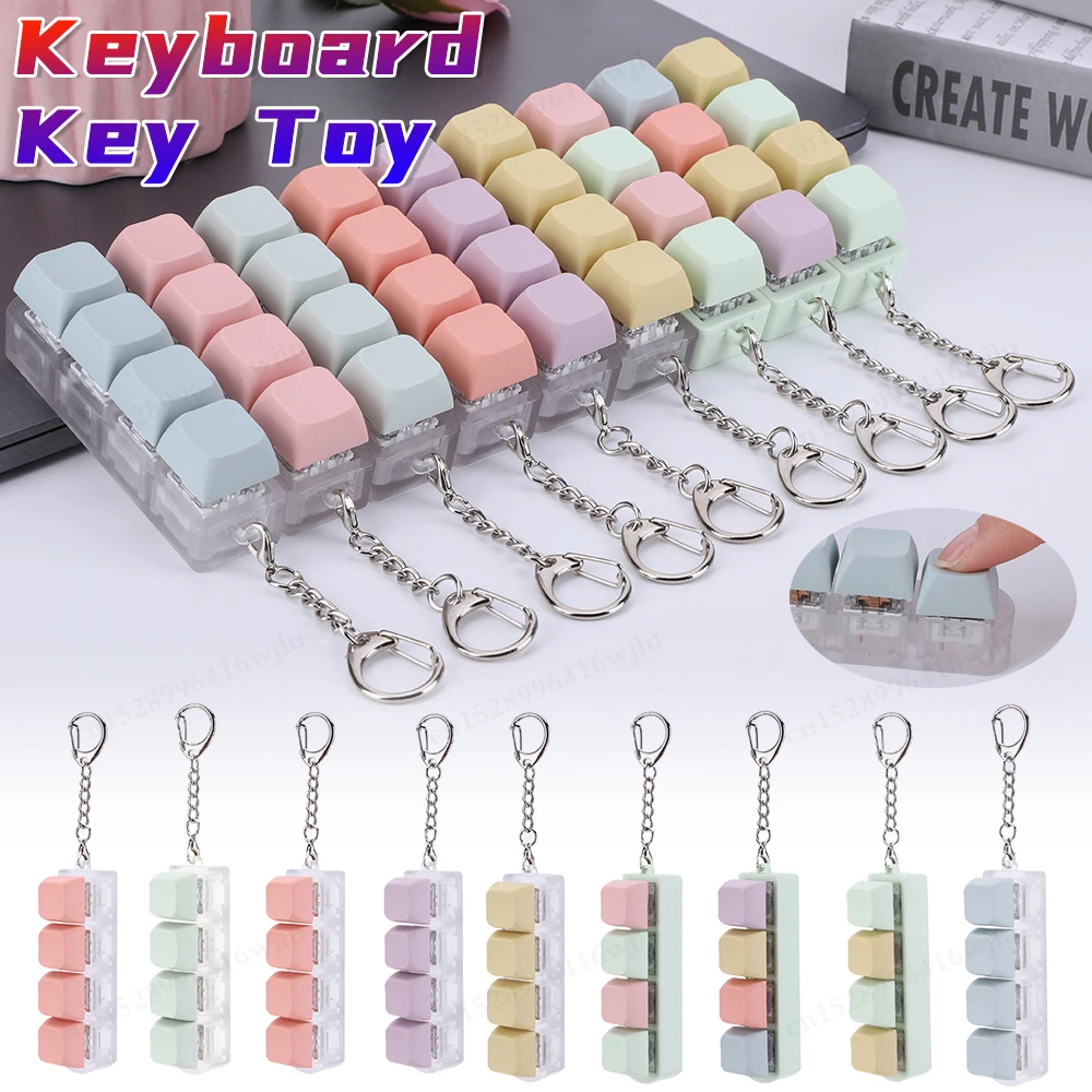 Keyboard Key Toy 4 Keys Button Keycap Fidget Keychain Keyboard Clicker Toy Keyboard Cube Toy for Adult Gifts To Relief Pass Time