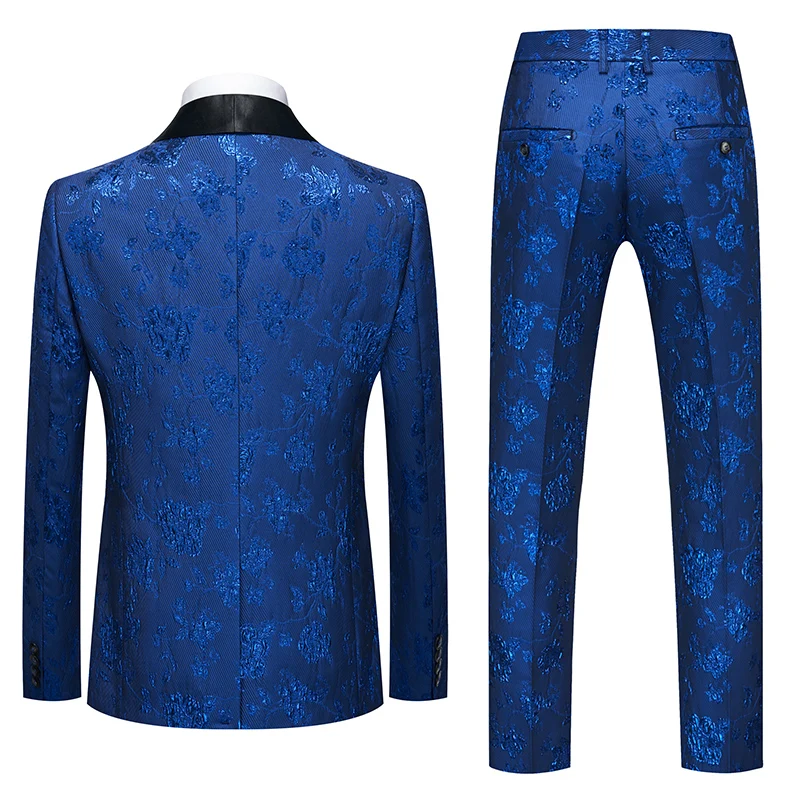 Blue Jacquard Fabric Suit 3 Piece， Men\'s Fashion Slim Fit Blazer Jacket Trousers Vest, Spring  Autumn New Men Sets, Asian Size