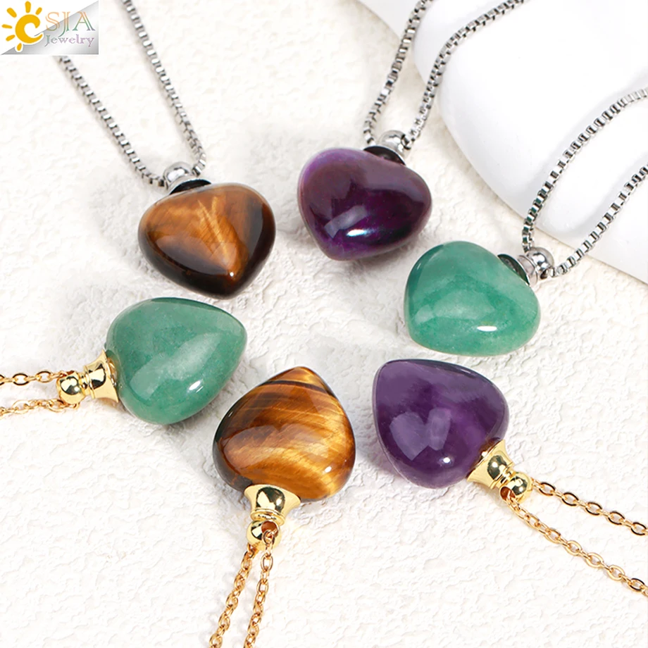 CSJA Natural Stone Perfume Necklace Healing Heart Crystal Pendant Reiki Essential Oil Diffuser Bottle Charm Necklaces Women H410