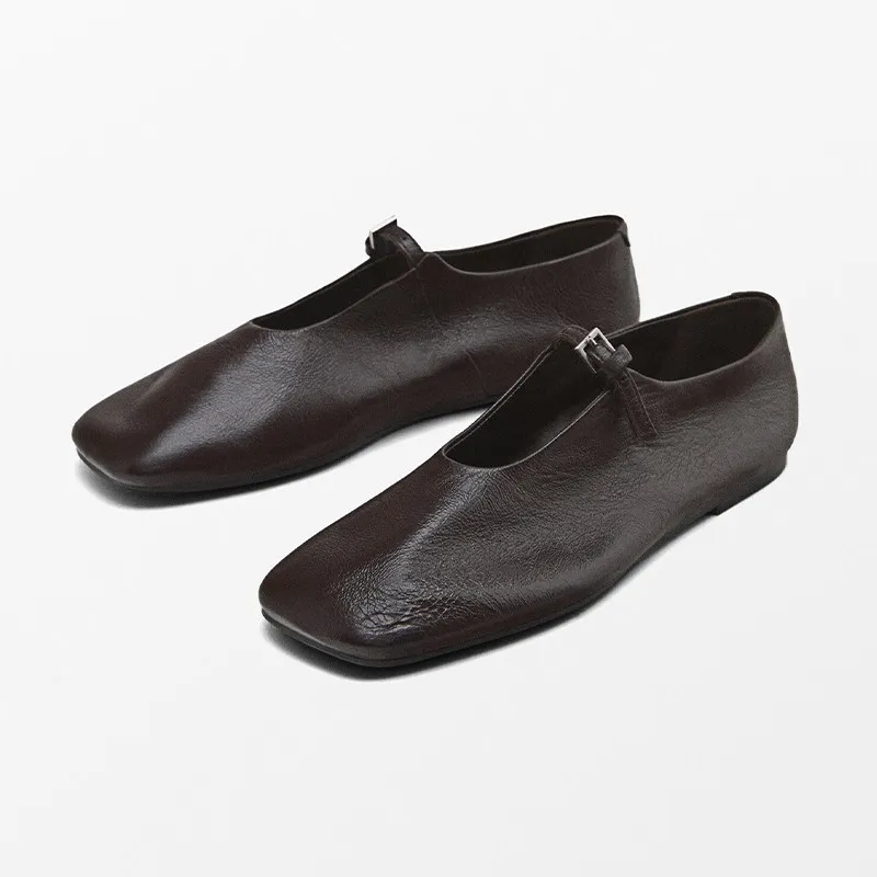 

Casual Sneakers Woman Top-Grain Leather Brown Square-toed Single-bar Buckle Soft Sole Low-cut Ballet Flats For Spring And Autumn